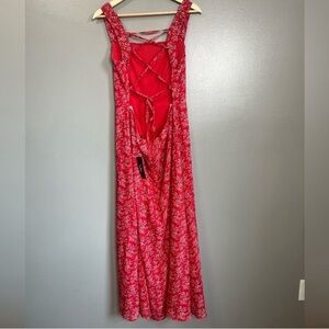 Lulu’s back to backless red floral printed chiffon strappy midi dress size xl